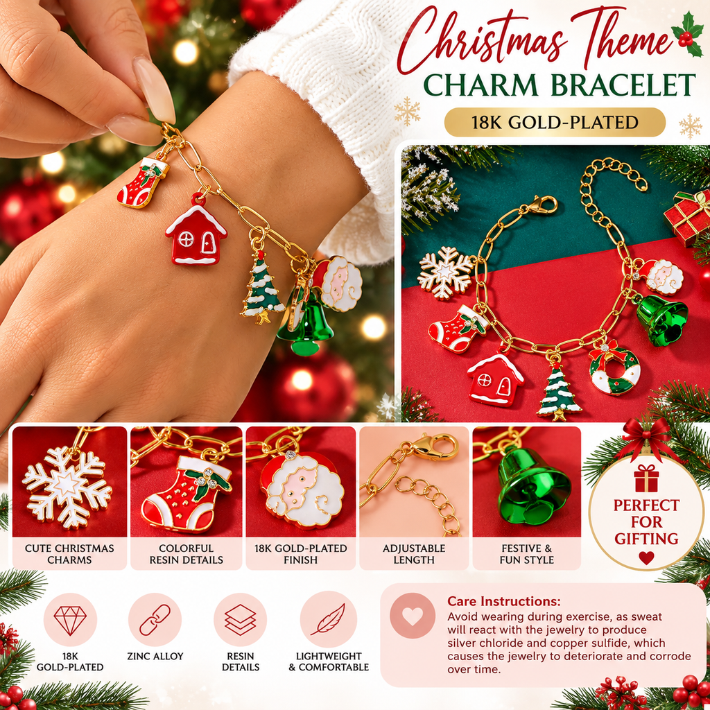 18K Gold-Plated Christmas Charm Bracelet – Festive Holiday Jewelry with Colorful Resin Charms