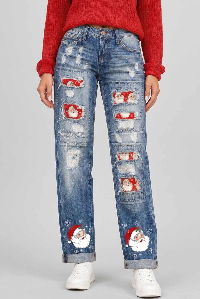 Distressed Christmas Santa Claus Print Jeans