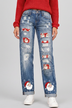 Distressed Christmas Santa Claus Print Jeans