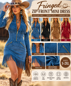Women's Western fringe zip-front mini dress collage featuring blue, black, brown and red colors, shoulder tassels and fringe hem.