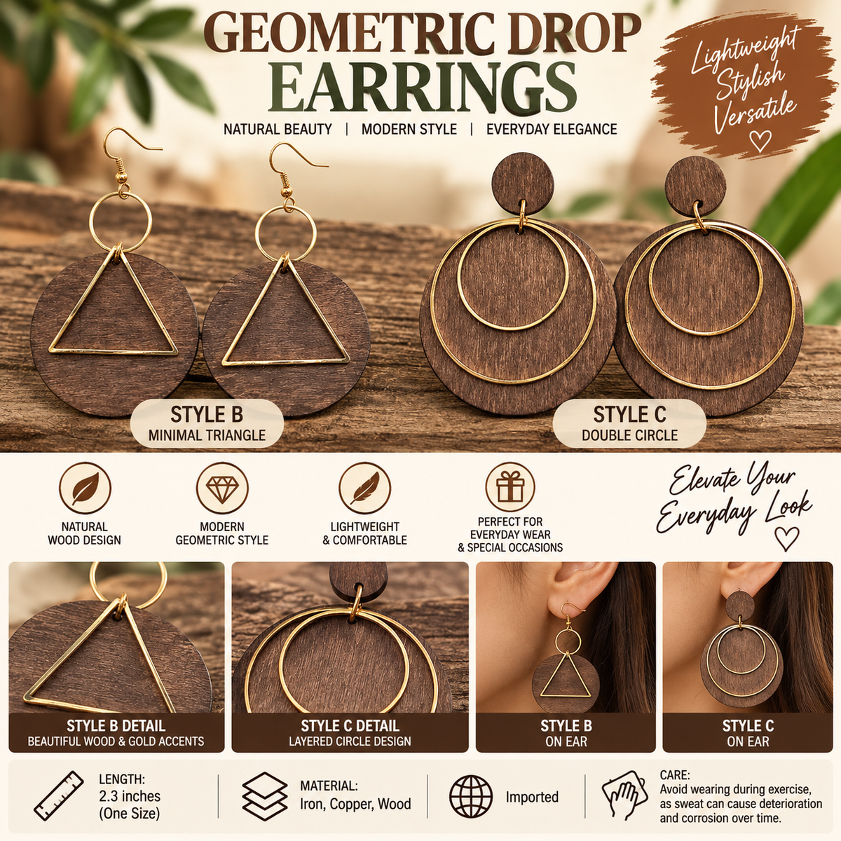 Geometric Wood & Gold Drop Earrings Modern Boho Elegance
