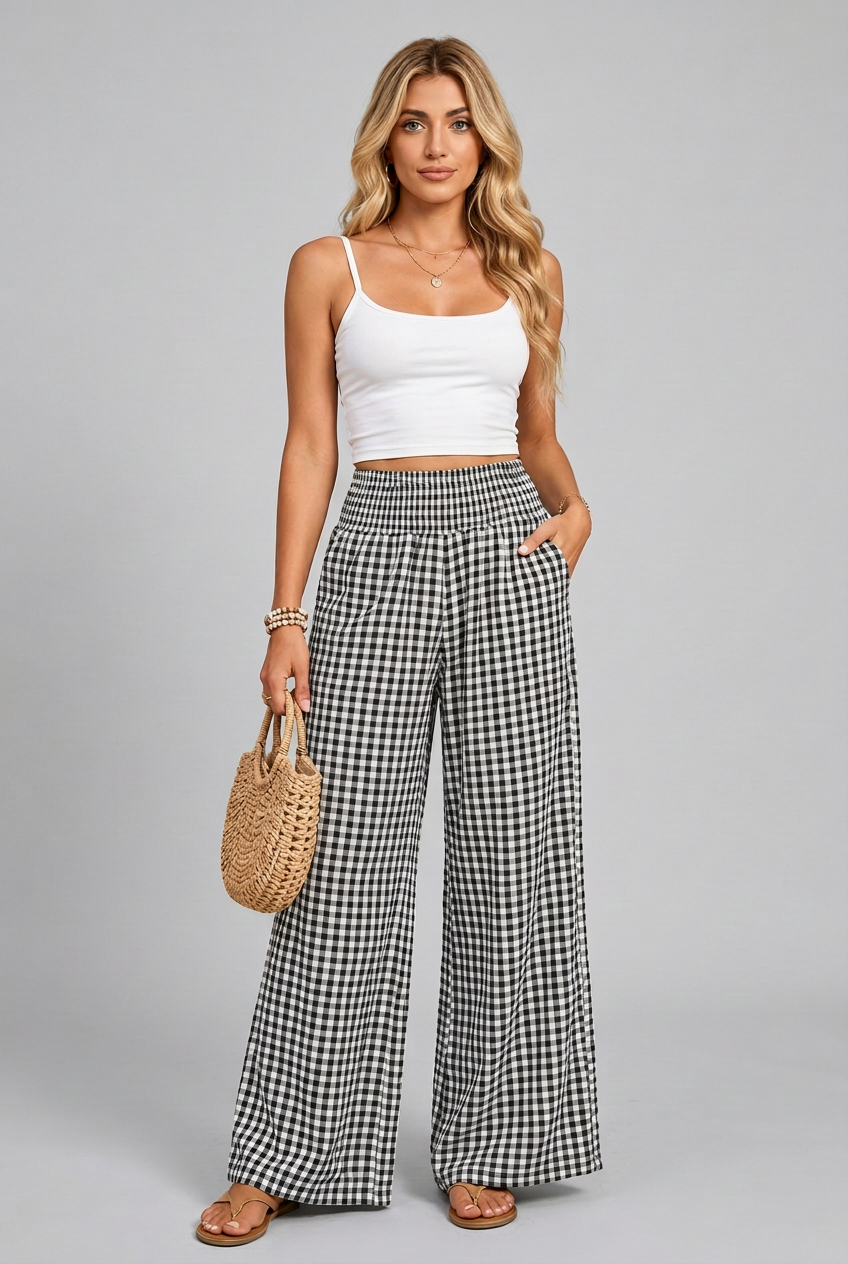 Women's gingham plaid wide-leg pants collage featuring 7 colors, smocked elastic waistband, relaxed fit and functional pockets.