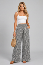 Women's gingham plaid wide-leg pants collage featuring 7 colors, smocked elastic waistband, relaxed fit and functional pockets.