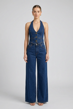 Women's halter denim vest and wide-leg jeans set collage featuring dark blue, gray and dark denim colors with button-front vest and matching pants.