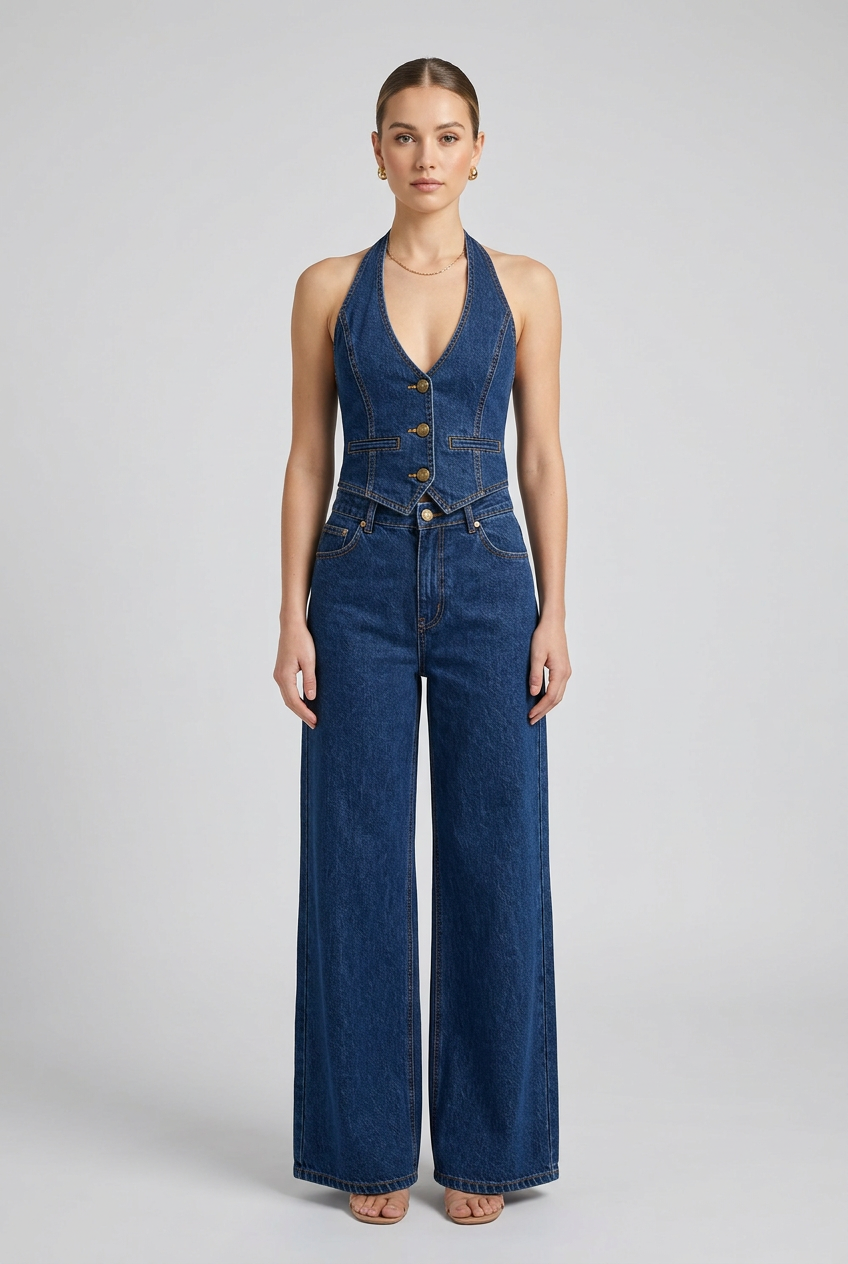 Women's halter denim vest and wide-leg jeans set collage featuring dark blue, gray and dark denim colors with button-front vest and matching pants.