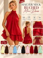 Women's backless halter neck mini dress collage featuring 10 colors, pleated detailing, flowing layered skirt and open-back design.