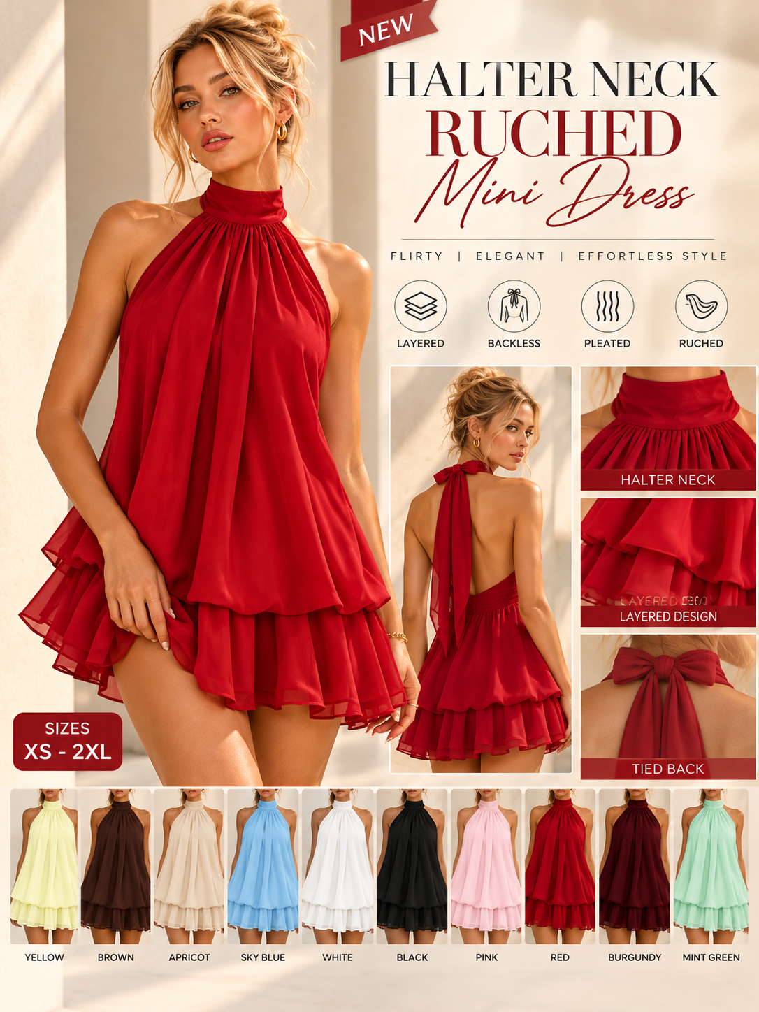 Women's backless halter neck mini dress collage featuring 10 colors, pleated detailing, flowing layered skirt and open-back design.
