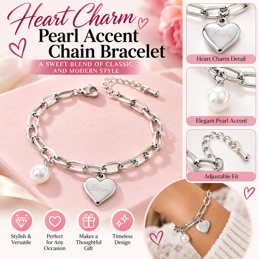 Heart Charm Pearl Accent Chain Bracelet Elegant Silver-Tone Love Bracelet