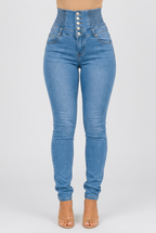 Women's high-waisted skinny jeans with multi-button front, smocked waistband, fitted legs and functional pockets.