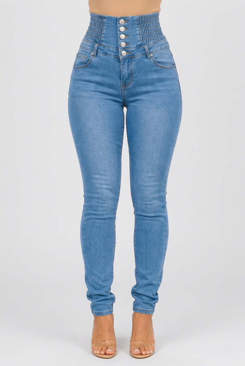 Women's high-waisted skinny jeans with multi-button front, smocked waistband, fitted legs and functional pockets.