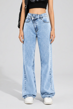 Women's high-waisted wide-leg jeans collage featuring six denim colors, relaxed wide-leg fit, button closure and pocket details.
