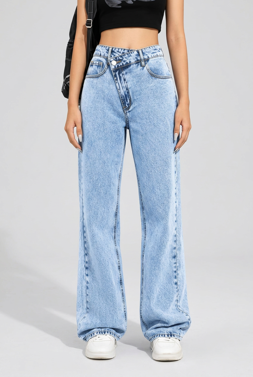 Women's high-waisted wide-leg jeans collage featuring six denim colors, relaxed wide-leg fit, button closure and pocket details.
