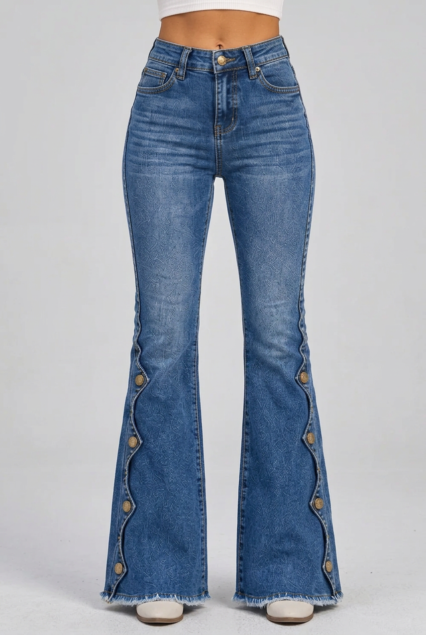 High-Waisted Decorative Button-Side Flare Jeans