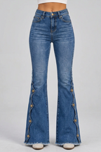High-Waisted Decorative Button-Side Flare Jeans