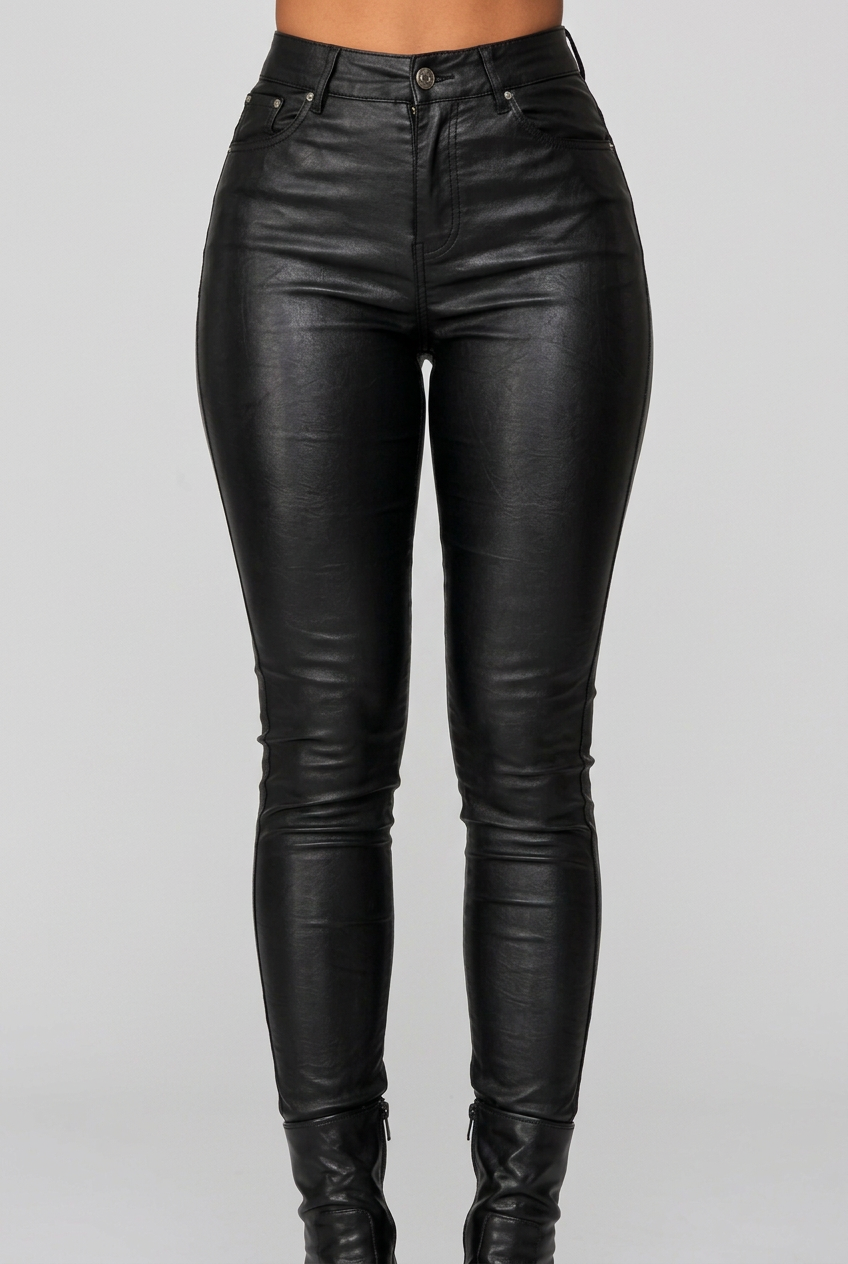 Women's high-waisted faux leather skinny pants collage featuring black, burgundy and blue colors with a sleek fitted silhouette.
