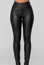 Women's high-waisted faux leather skinny pants collage featuring black, burgundy and blue colors with a sleek fitted silhouette.