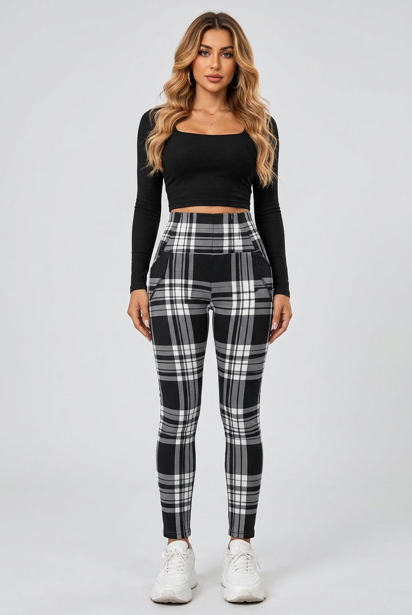 Women's high-waisted plaid leggings collage featuring black and red plaid patterns, slim bodycon fit and pocket details.
