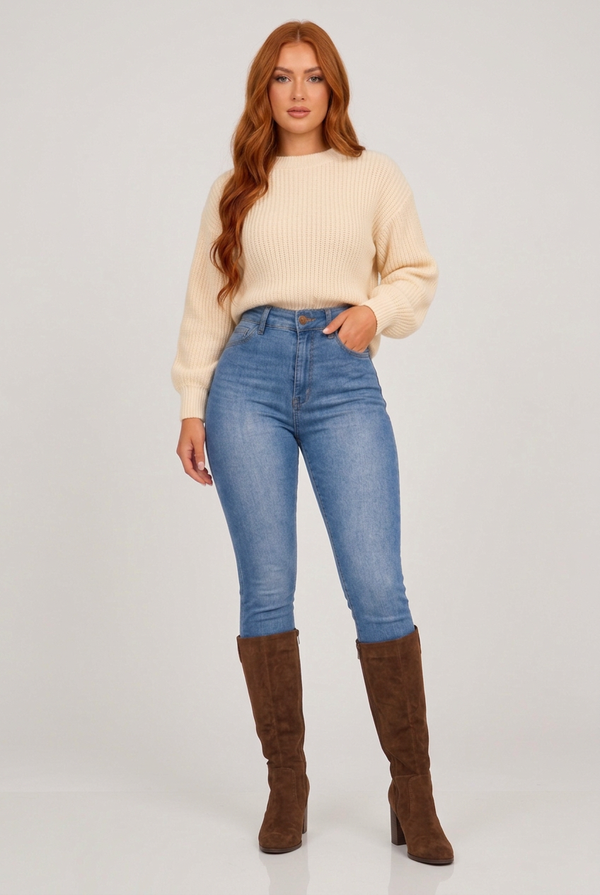 Women's high-waisted stretch skinny jeans collage highlighting the washed denim finish, fitted silhouette and classic skinny-leg design.