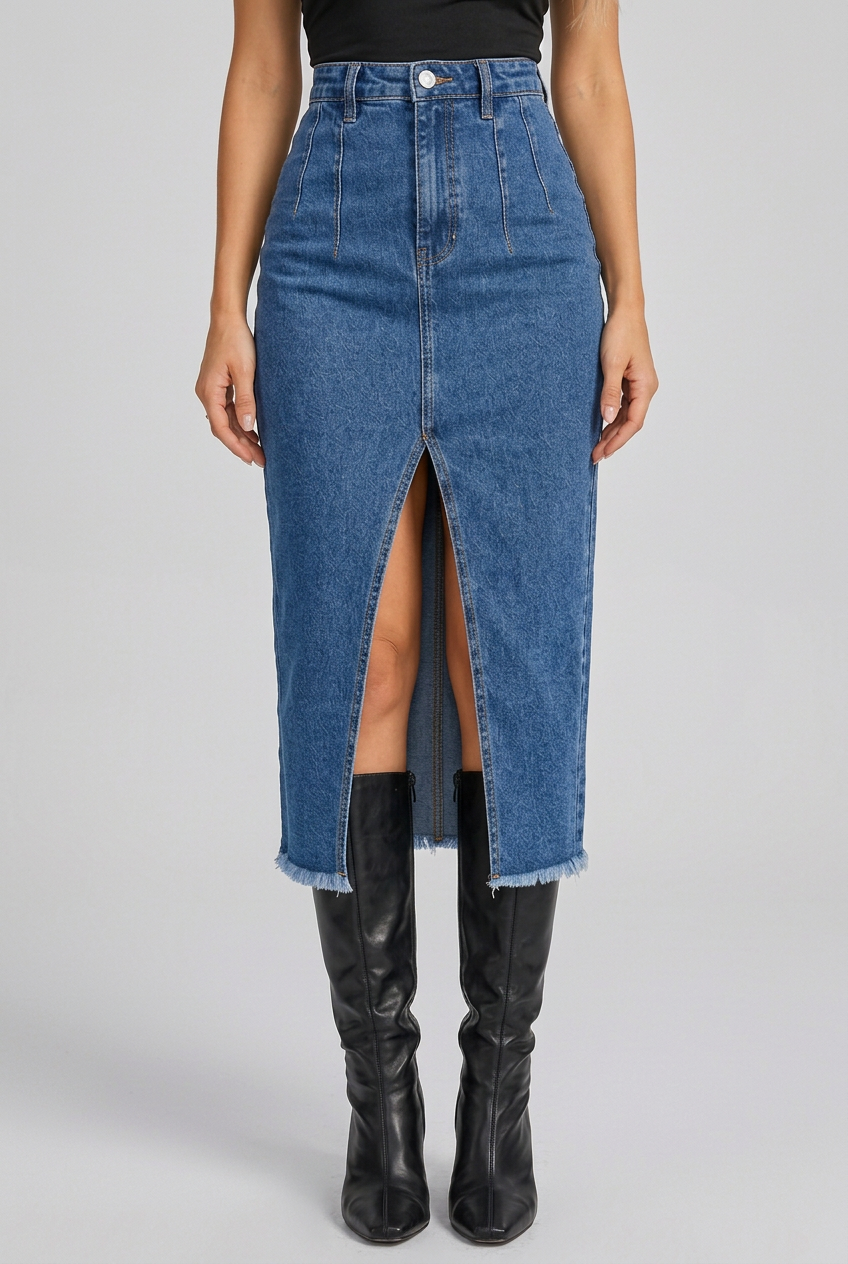 Women's high-waisted blue denim skirt collage highlighting the front slit, raw hem and fitted denim silhouette.