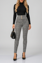 Women's black and gray plaid slim-fit pants collage highlighting the high-waisted design, decorative buttons and tailored fit.
