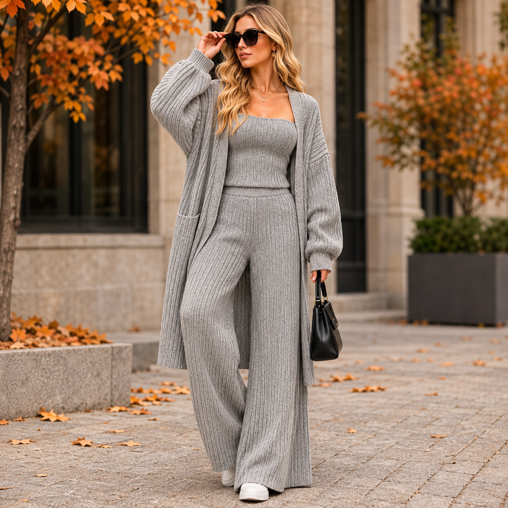 Ribbed Knit Three-Piece Sweater Set