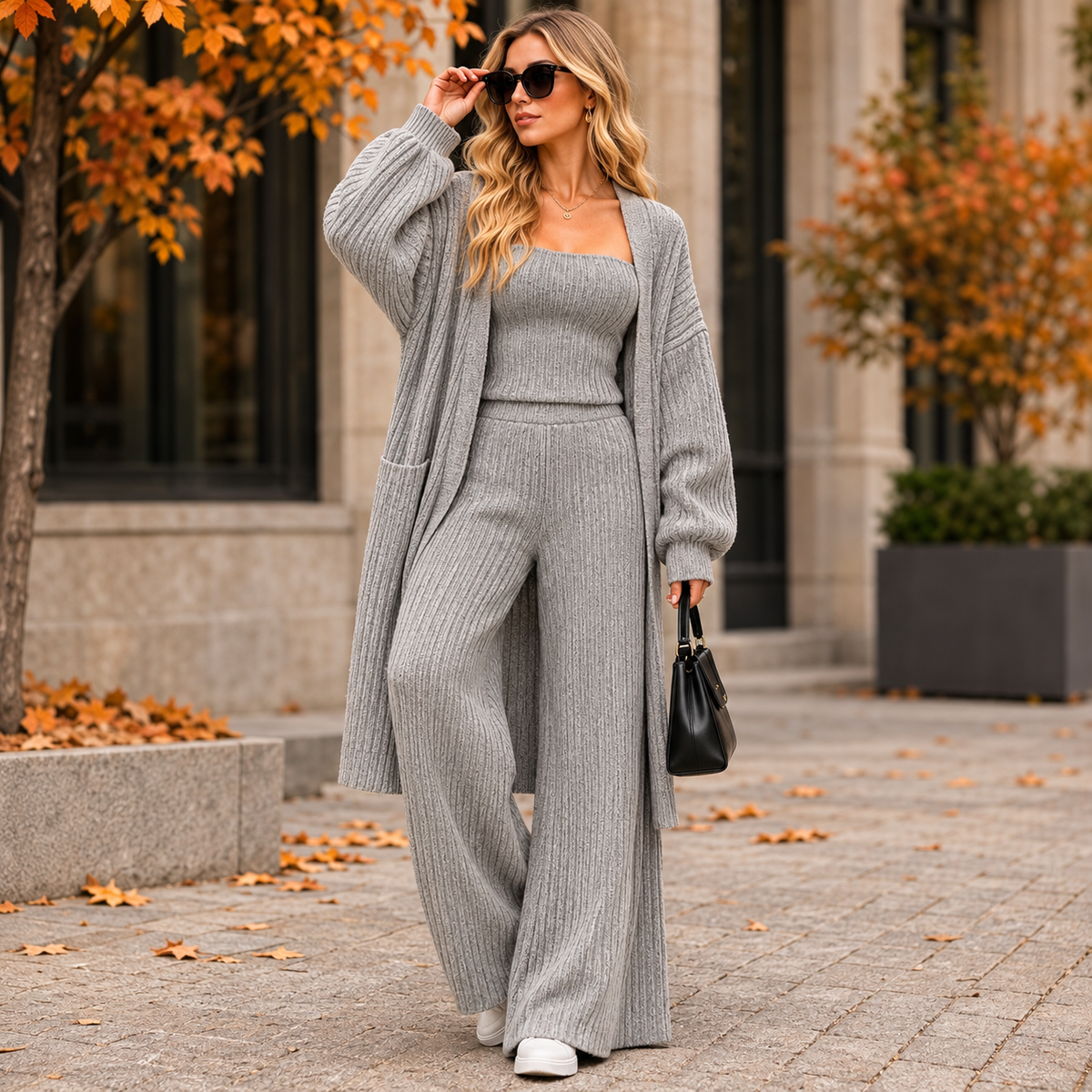 Ribbed Knit Three-Piece Sweater Set