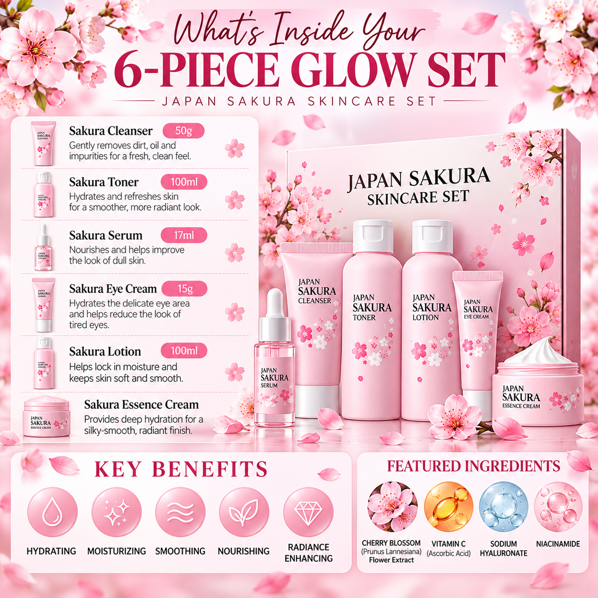 Japan Glass-Skin Glow — LAIKOU Cherry Blossom 6-Piece Skincare Set