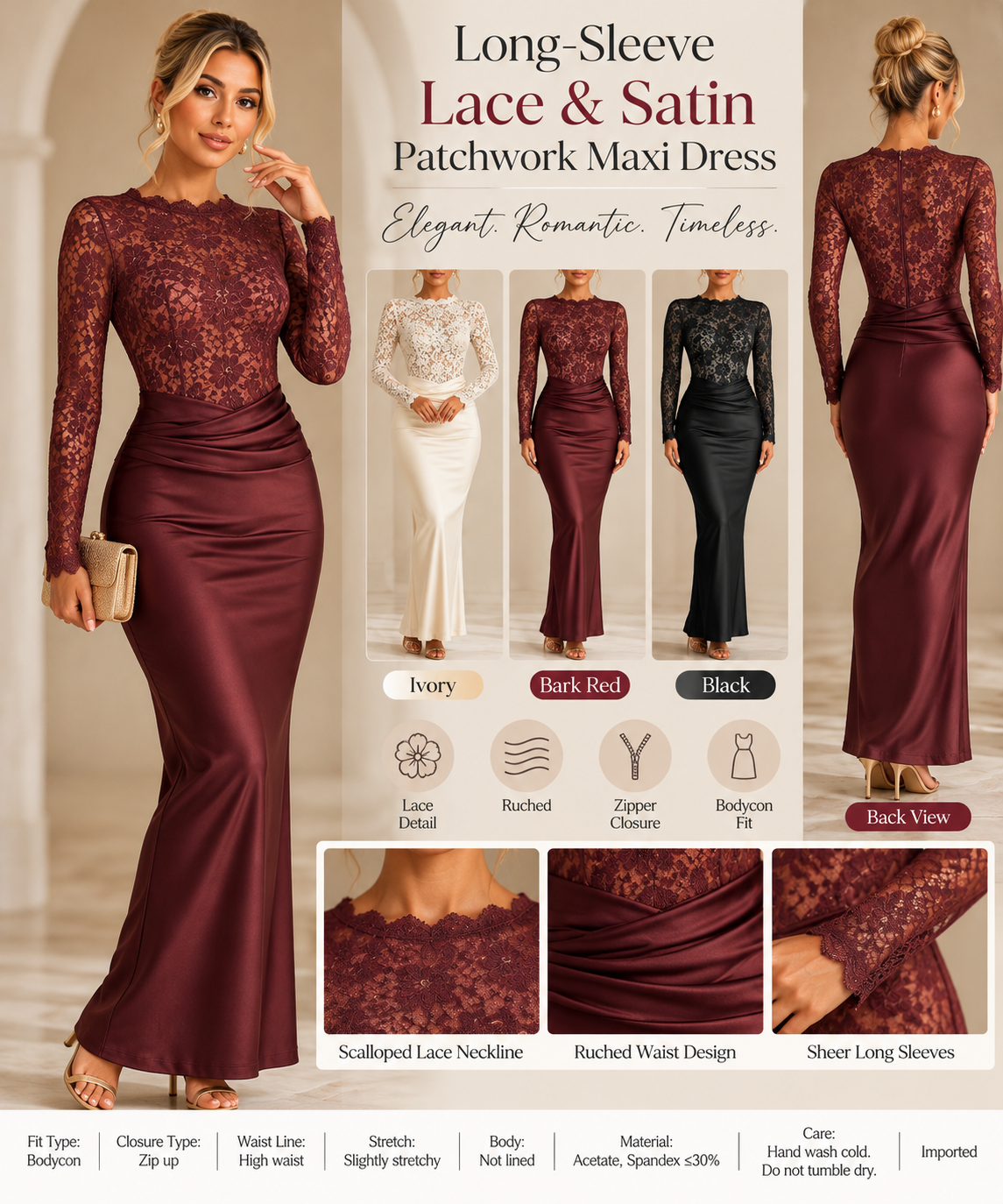Women's lace and satin maxi dress collage featuring bark red, ivory and black colors, floral lace bodice and elegant fitted silhouette.