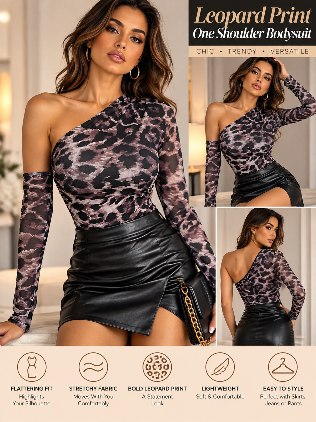 Leopard Print One Shoulder Long Sleeve Bodysuit, Fierce, Flirty & Fashionable!