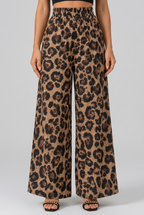 Women's leopard print wide-leg pants collage showing the high-waisted fit, flowing silhouette and bold animal print design.