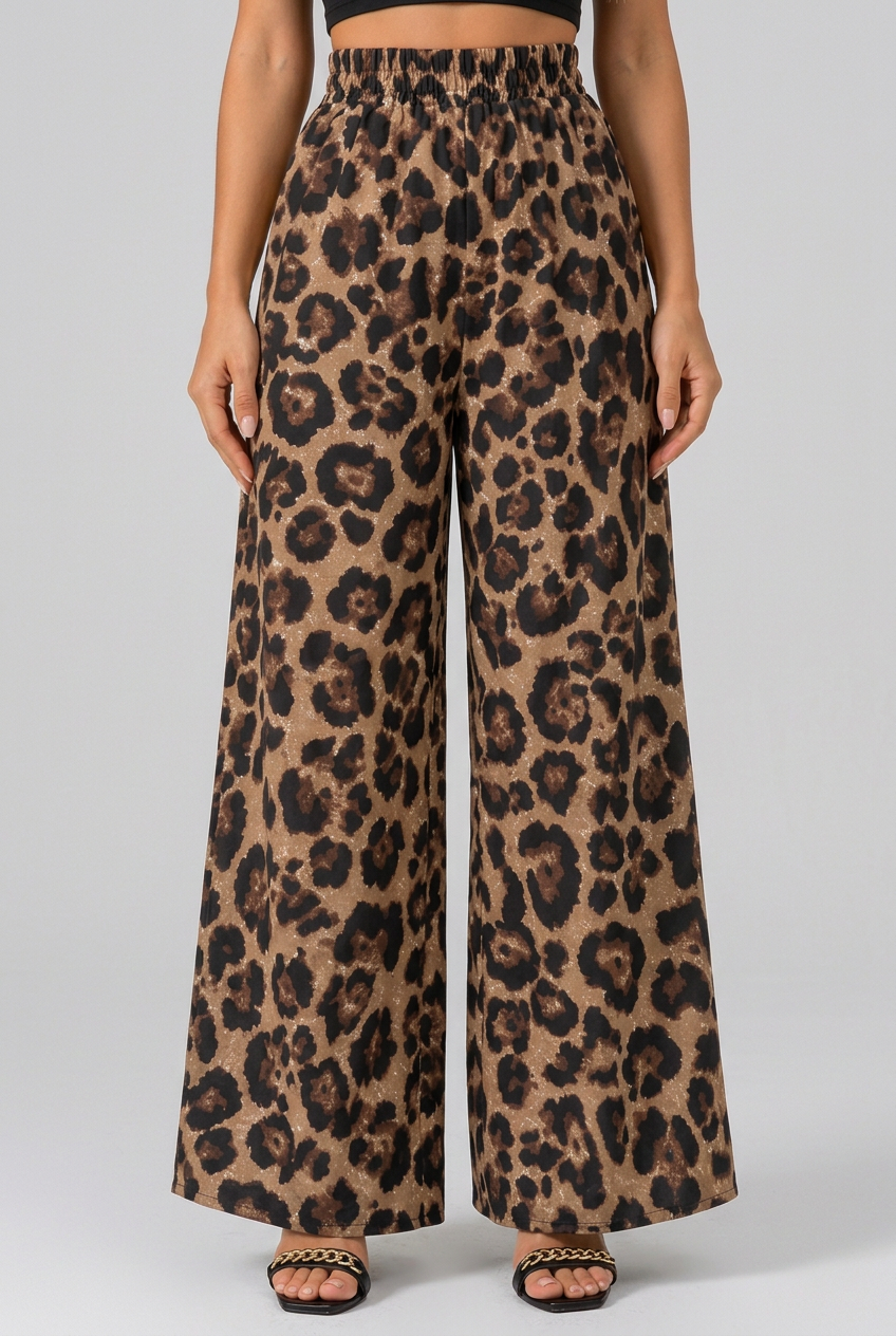 Women's leopard print wide-leg pants collage showing the high-waisted fit, flowing silhouette and bold animal print design.