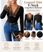 Leopard Trim V-Neck Long Sleeve Bodysuit