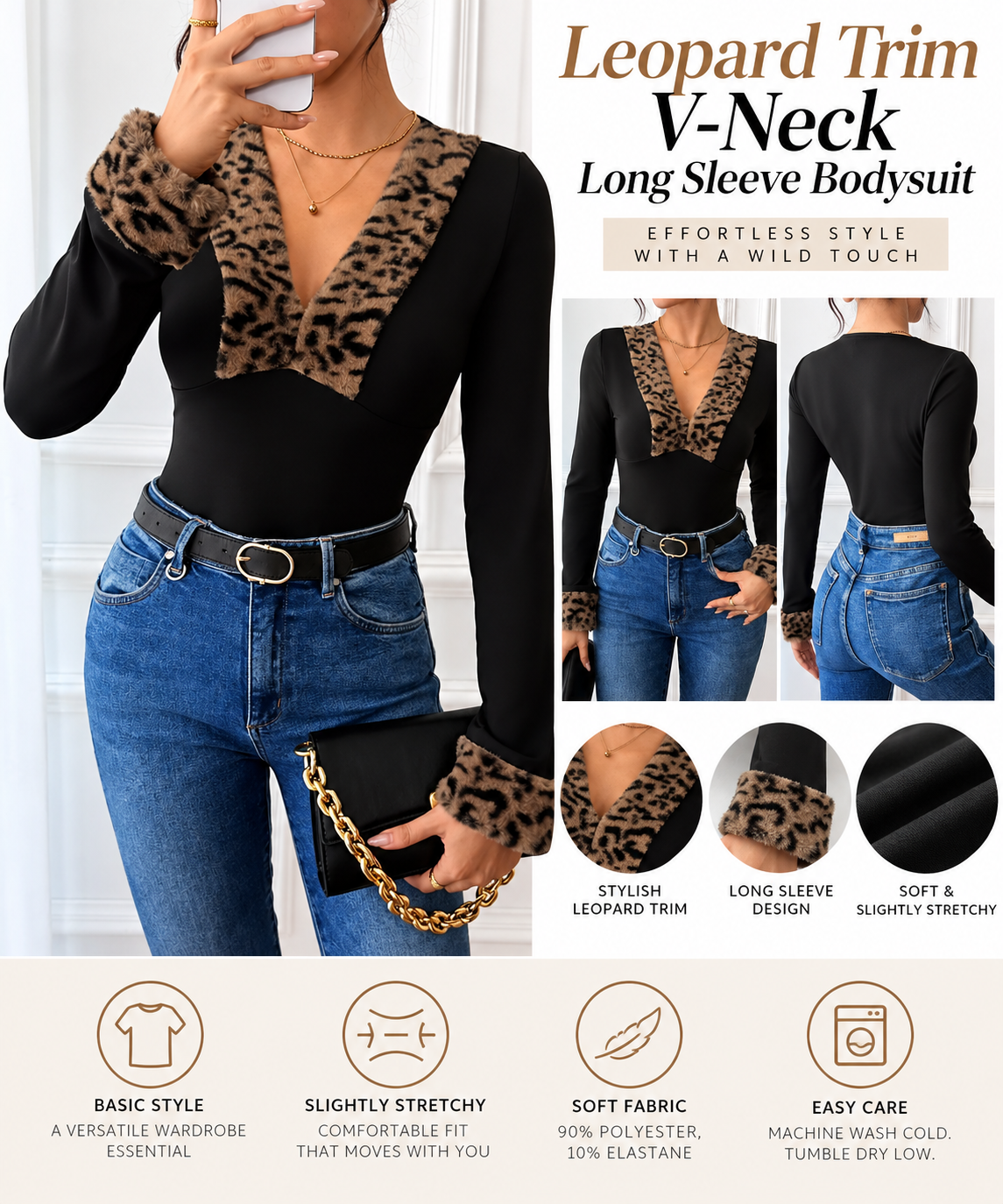 Leopard Trim V-Neck Long Sleeve Bodysuit