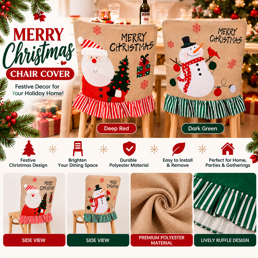 Christmas Santa & Snowman Dining Chair Covers – Festive Holiday Chair Decorations with Ruffled Trim