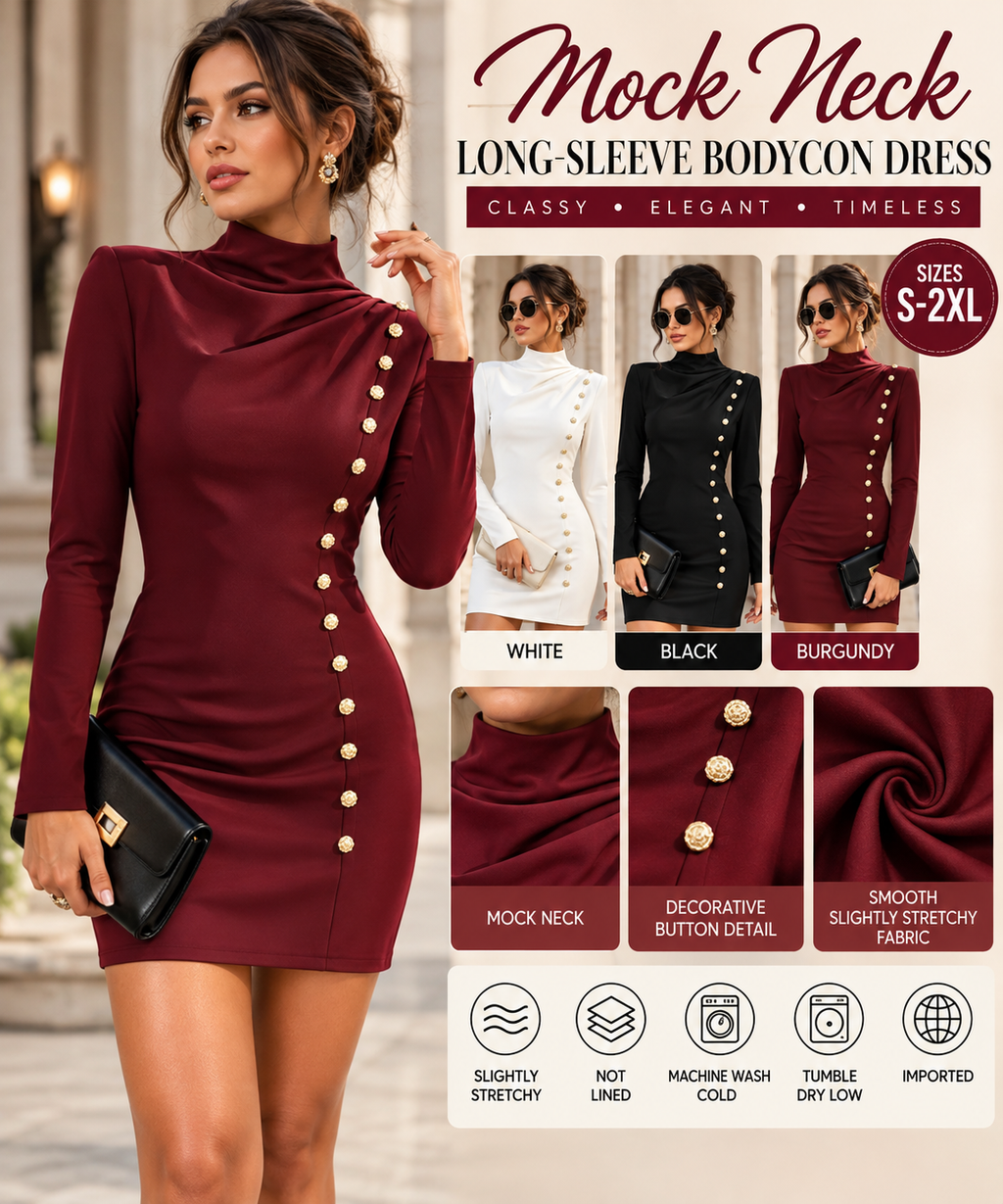Women's mock neck bodycon mini dress collage featuring white, black and burgundy colors, long sleeves and gold-tone button detailing.