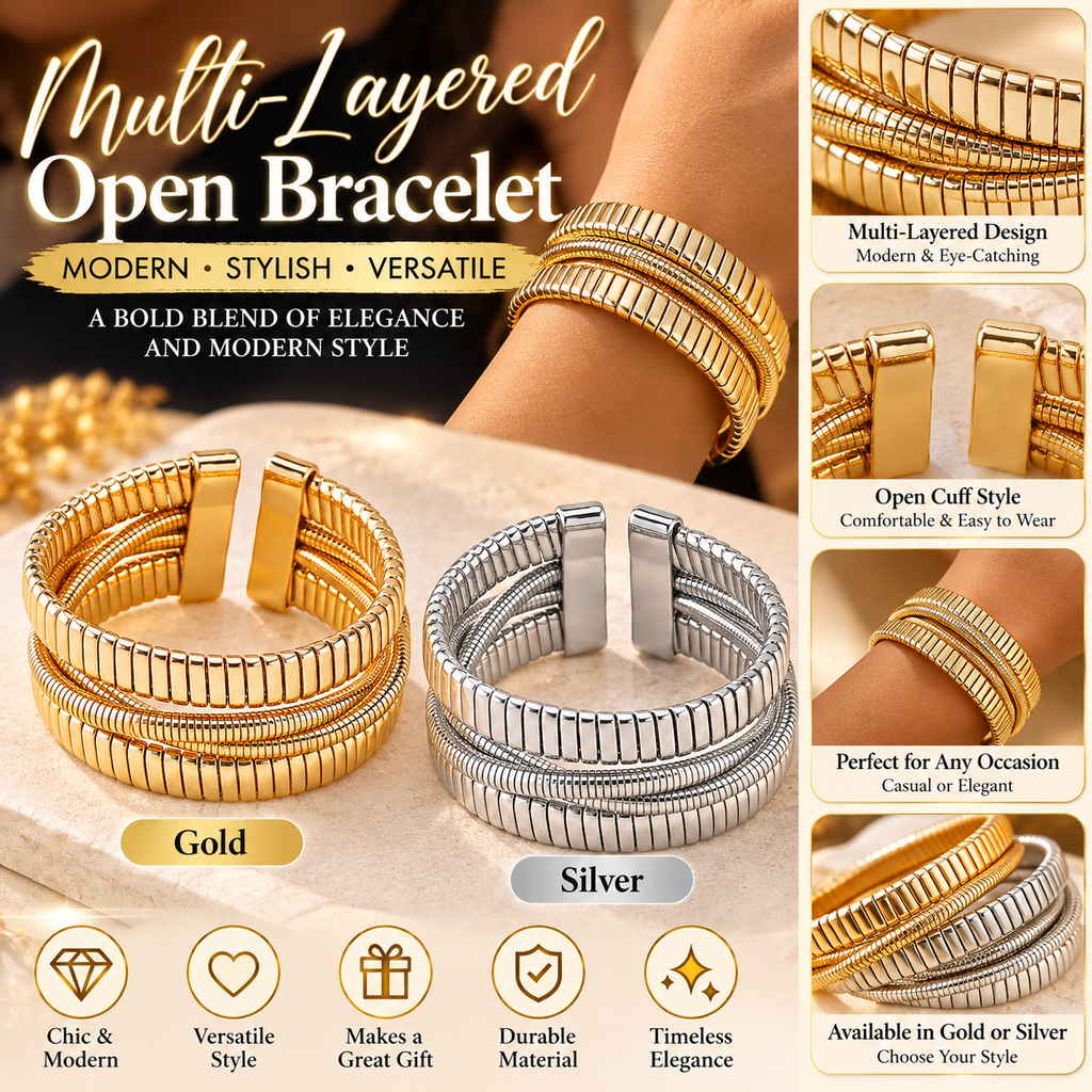 Multi-Layered Open Cuff Bracelet Elegant Gold & Silver Statement Jewelry