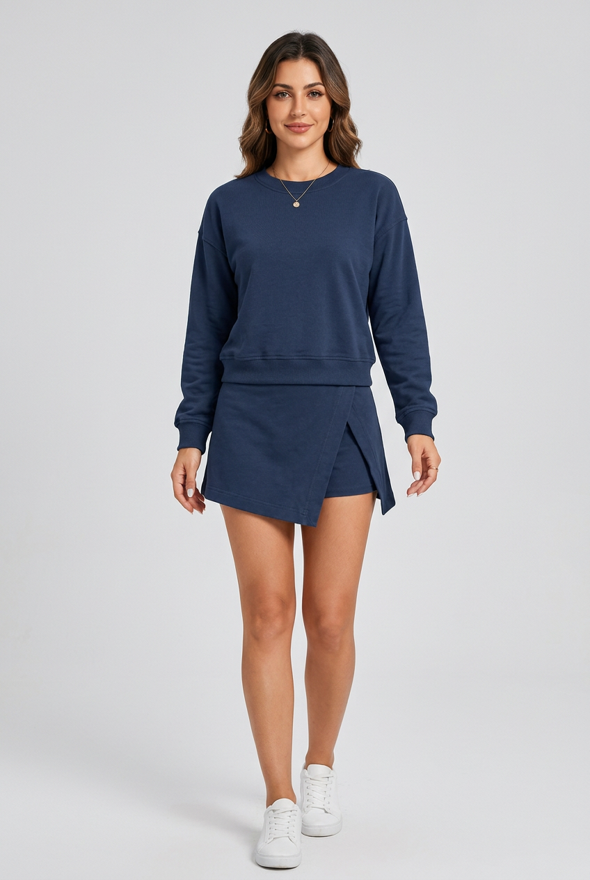 Women's sweatshirt and split skort set collage featuring brown and navy colors, relaxed long-sleeve tops and matching mini skorts.