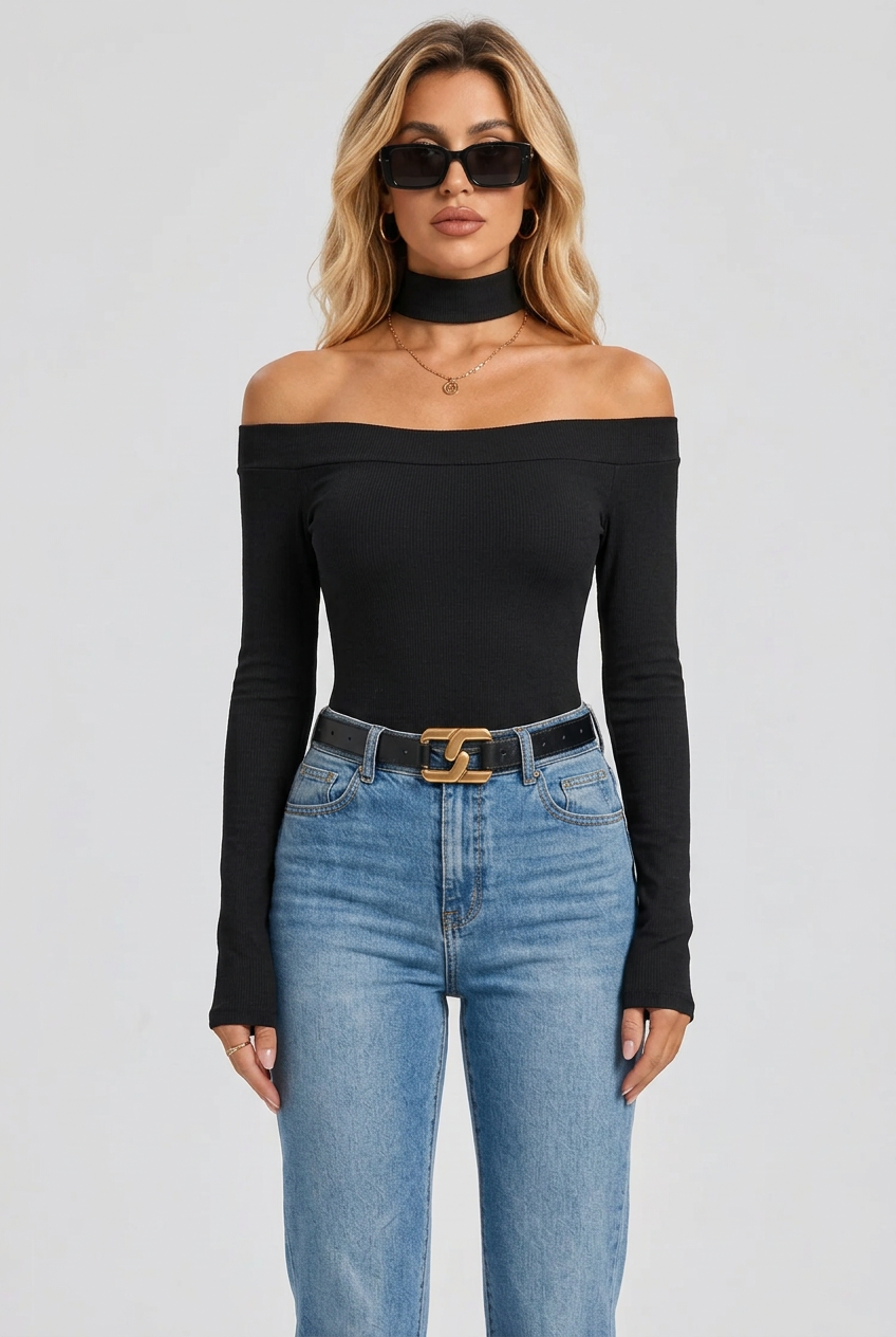 Off-Shoulder Ribbed Knit Long Sleeve T-Shirt with Choker Neck