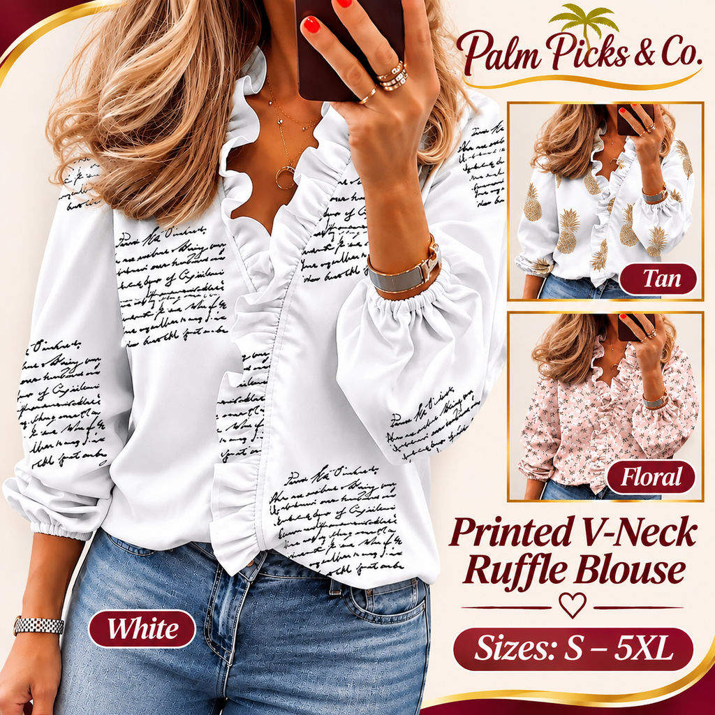 Full-Size Printed V-Neck Ruffle Blouse – S–5XL