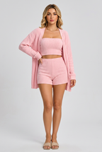 Women's three-piece ribbed knit cardigan, tube top and shorts set collage featuring pink, black and blue color options.