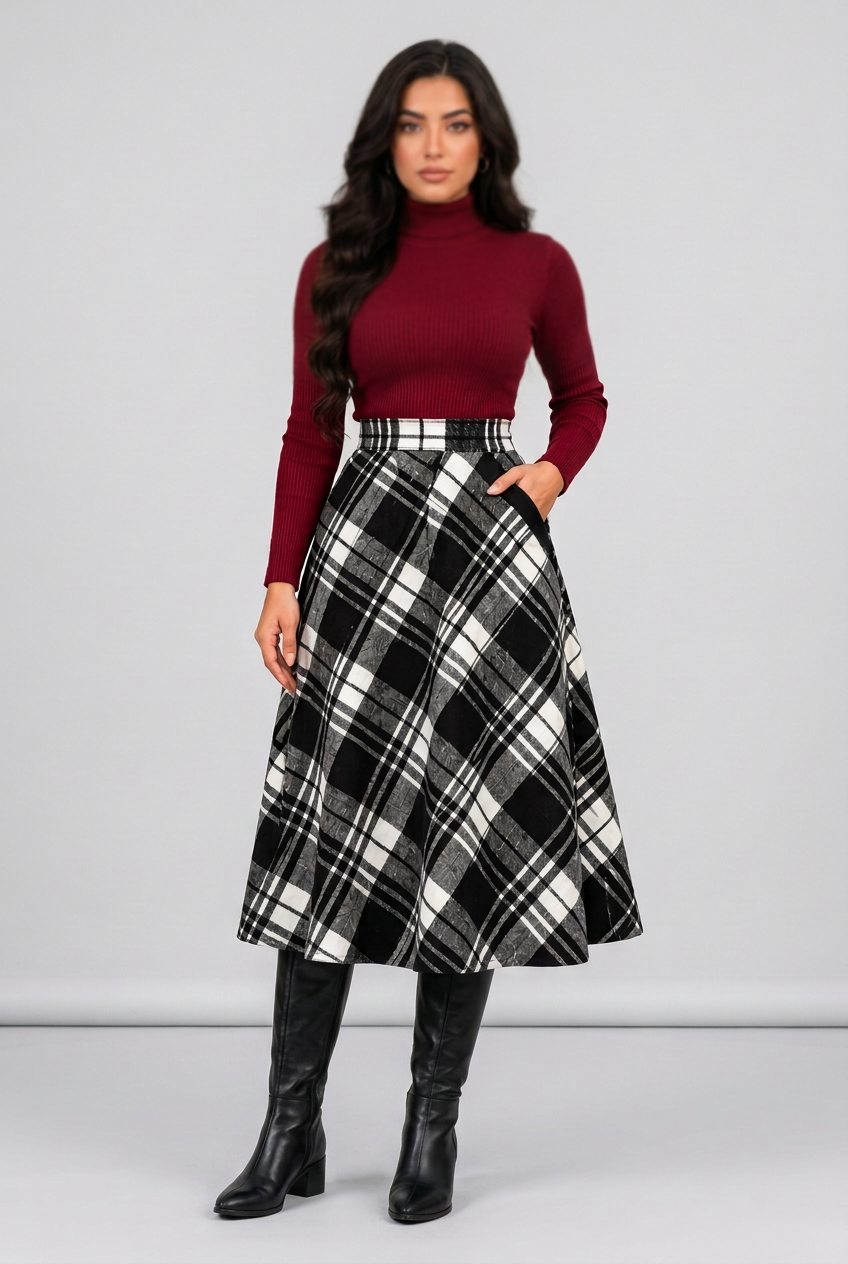 Women's black and white plaid A-line midi skirt collage highlighting the high-waisted design, flowing silhouette and side pockets.