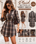 Women's dark brown plaid shirt dress collage highlighting the button-up front, plaid pattern, casual silhouette and pocket details.