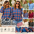 Cozy Chic Plaid Button-Detail Sweatshirt | Women's Long Sleeve Top | Sizes S–5XL