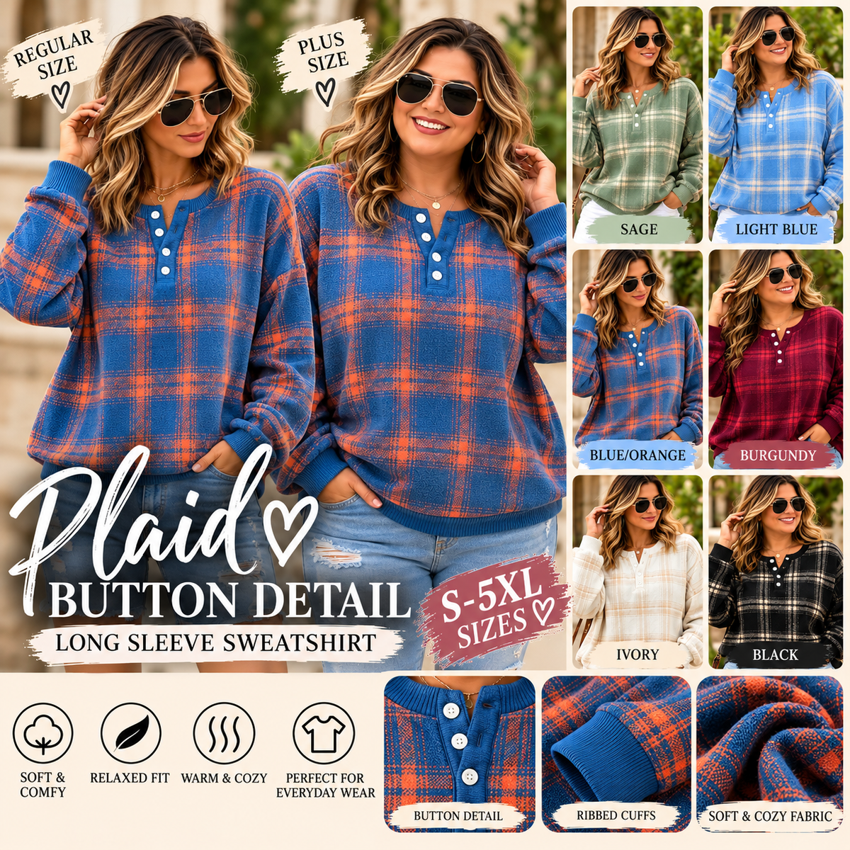 Cozy Chic Plaid Button-Detail Sweatshirt | Women's Long Sleeve Top | Sizes S–5XL