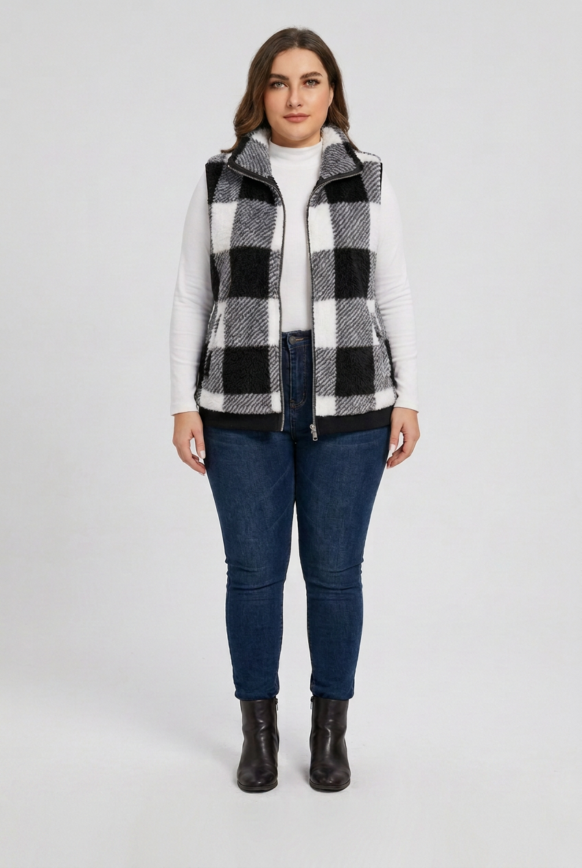 Women's Plus Size Plaid Sherpa Fleece Zip-Up Vest | 1XL–5XL