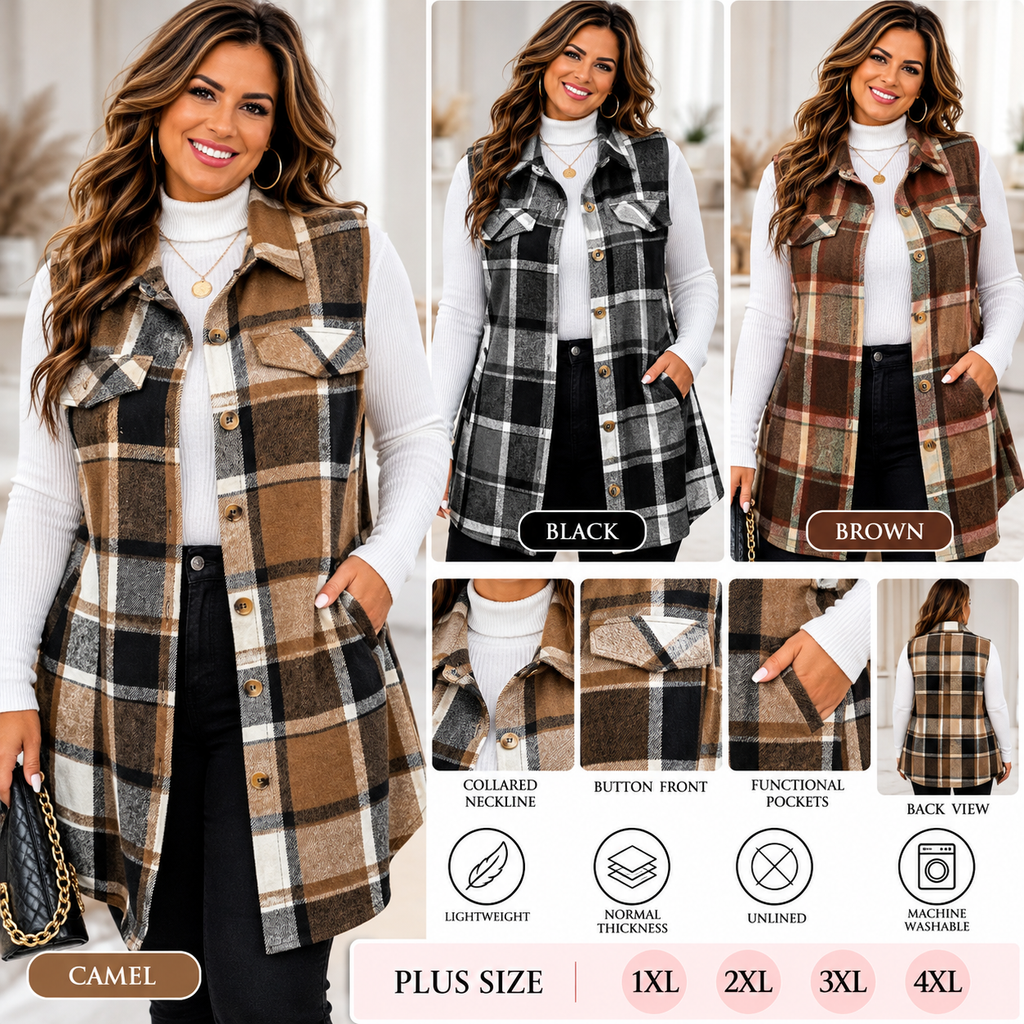 Women's Plus Size Long Plaid Vest – Sleeveless Button-Up Shacket with Pockets