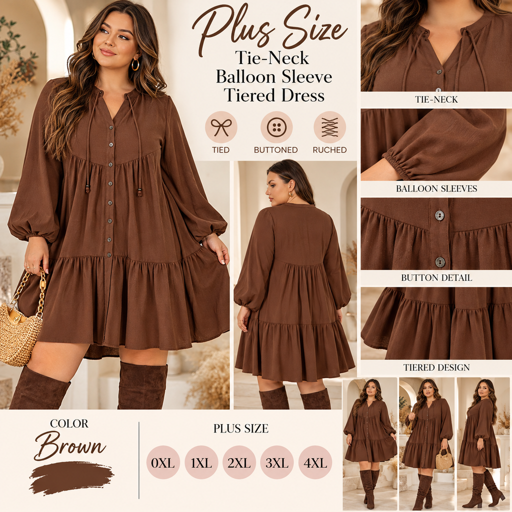 Women's Plus Size Tie-Neck Tiered Dress – Elegant Balloon Sleeve Flowy Dress