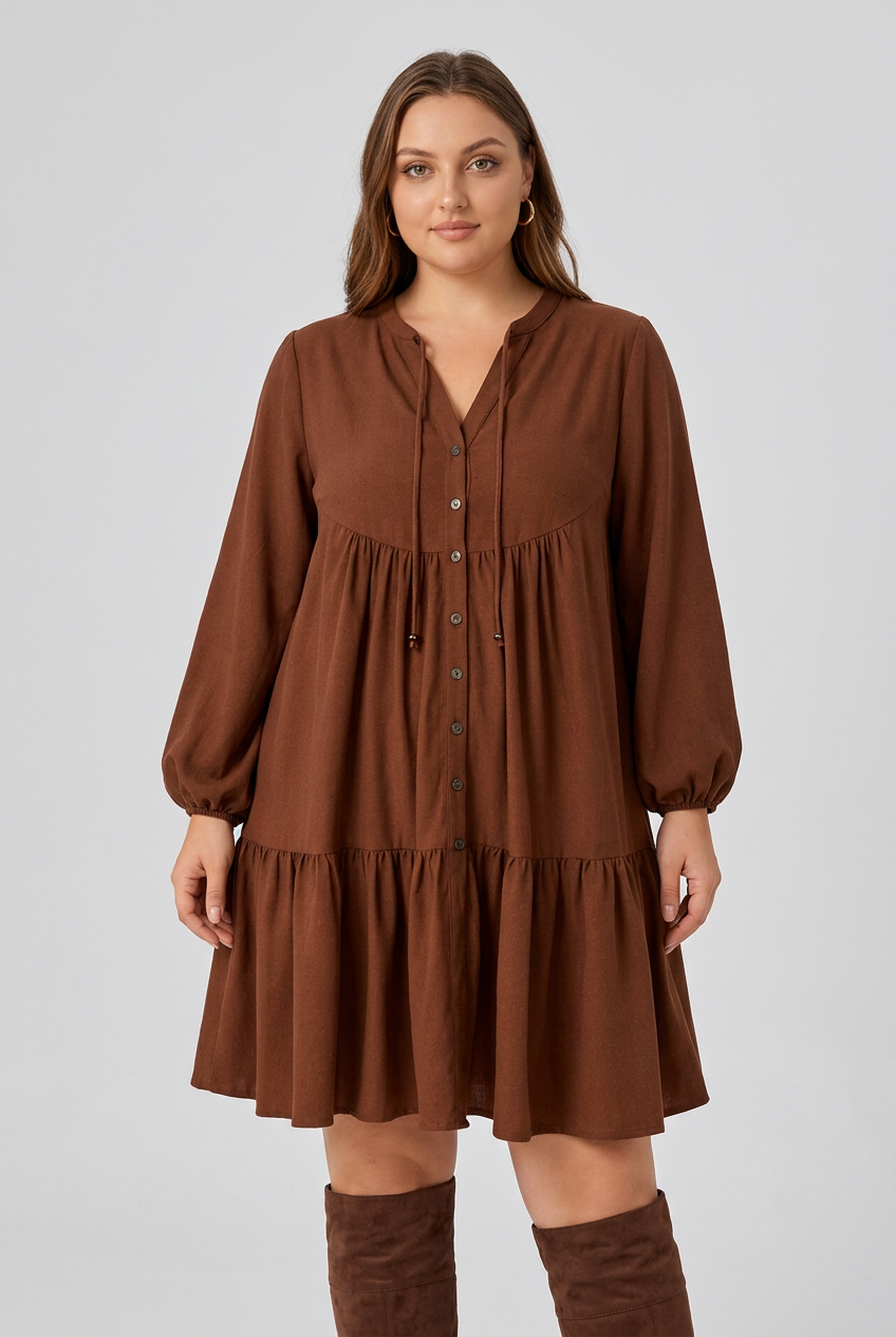 Women's Plus Size Tie-Neck Tiered Dress – Elegant Balloon Sleeve Flowy Dress