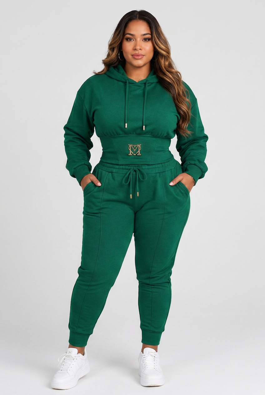 Women's cropped hoodie and jogger pants tracksuit collage showcasing ten colors, fitted-waist hoodies and matching cuffed joggers.