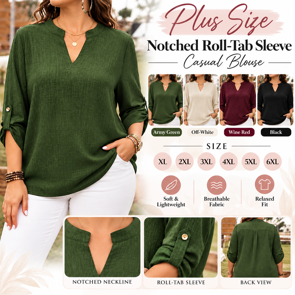 Plus Size Notched Roll-Tab Sleeve Casual Blouse